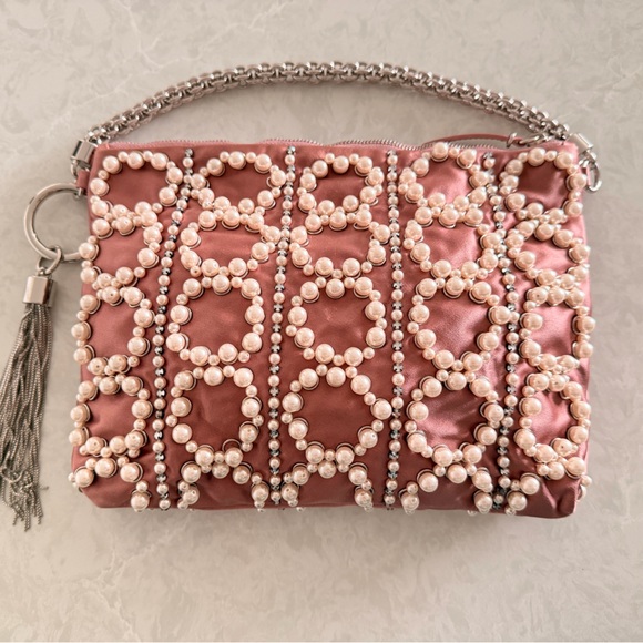 Jimmy Choo Dusty Pink Satin Pearl Embellished Callie Bag - Picture 5 of 8
